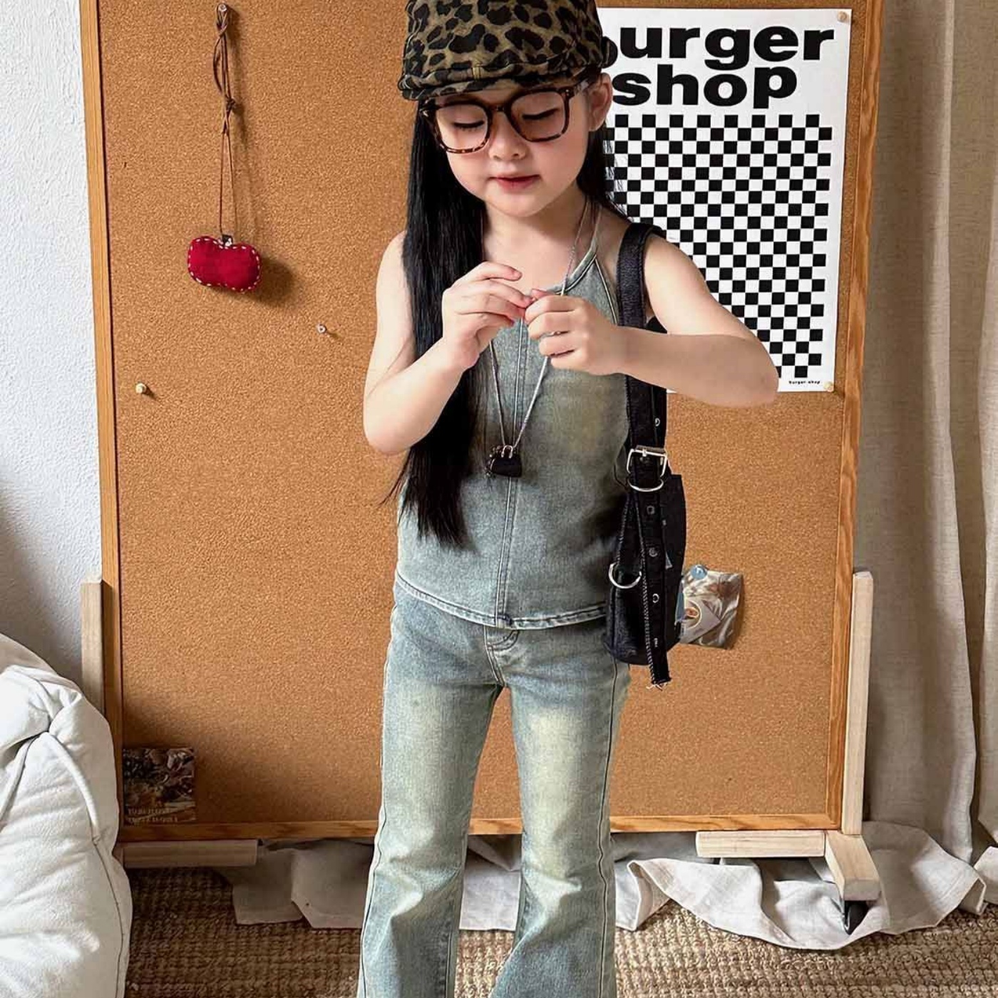 韩版女童2025夏季新款蓝色牛仔挂脖背心女宝宝露背吊带微喇长裤潮