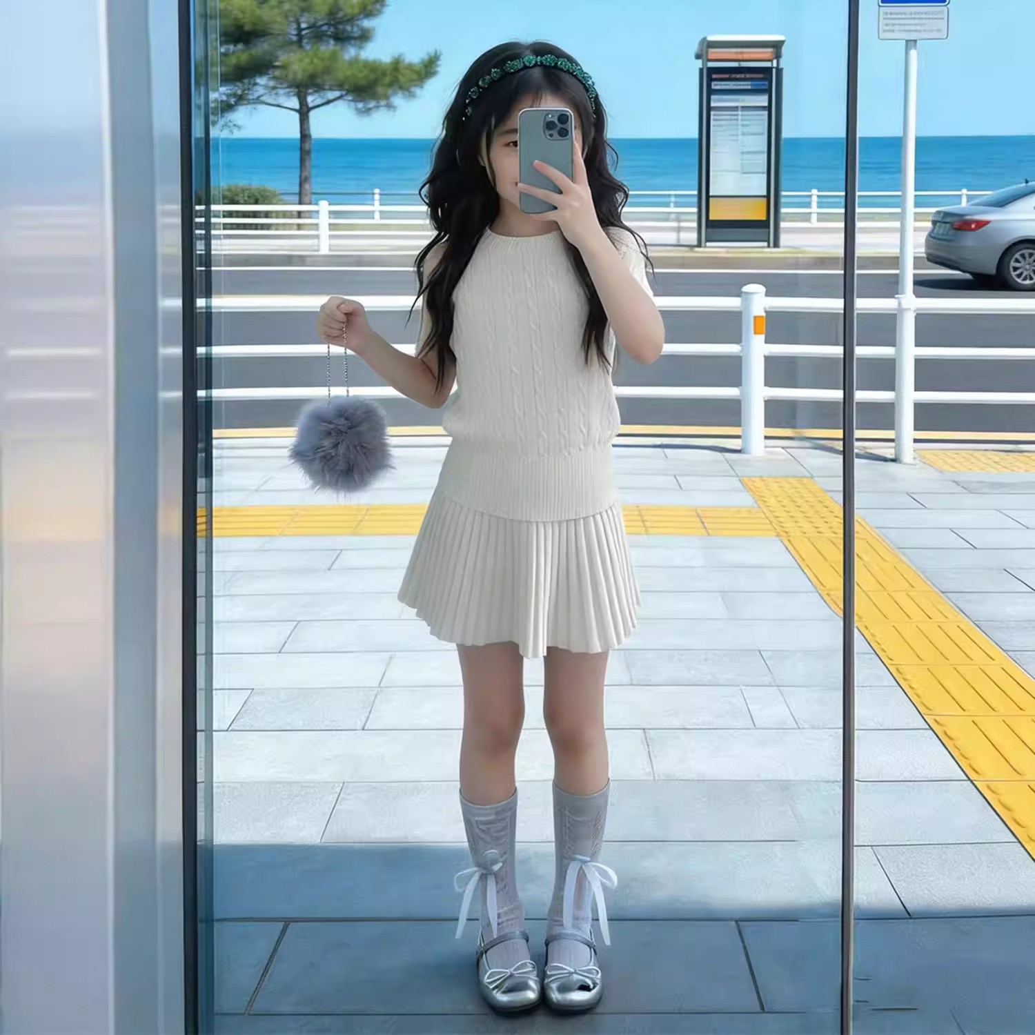 韩版女童夏季米白色薄款针织短袖