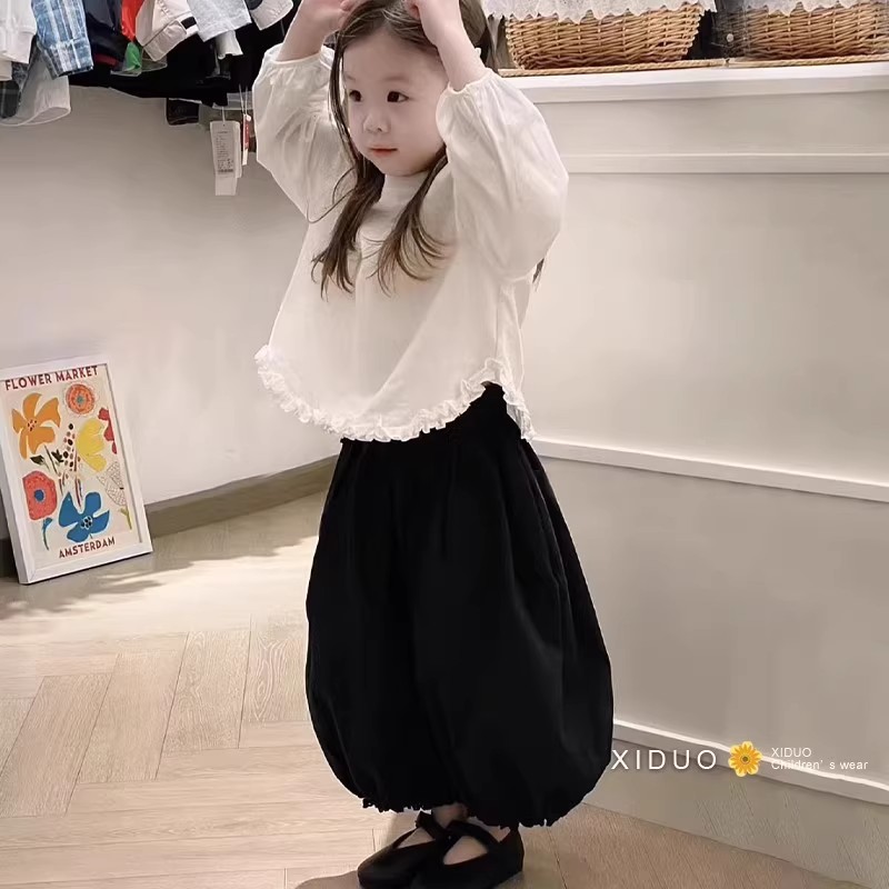 韩版女童2025秋季新款白色纯棉泡泡袖衬衫长袖女宝宝木耳边娃娃衫