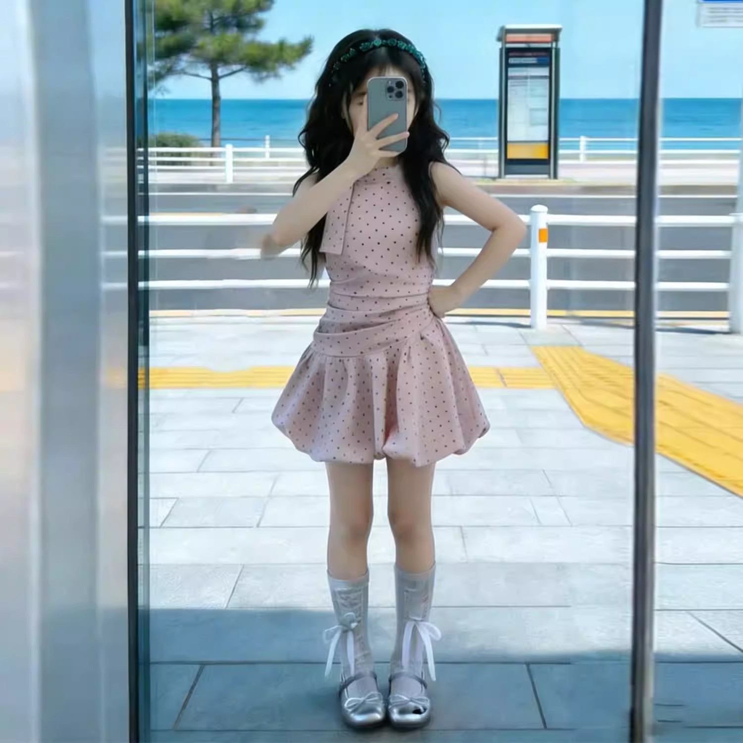 韩版女童夏季粉色波点挂脖背心裙