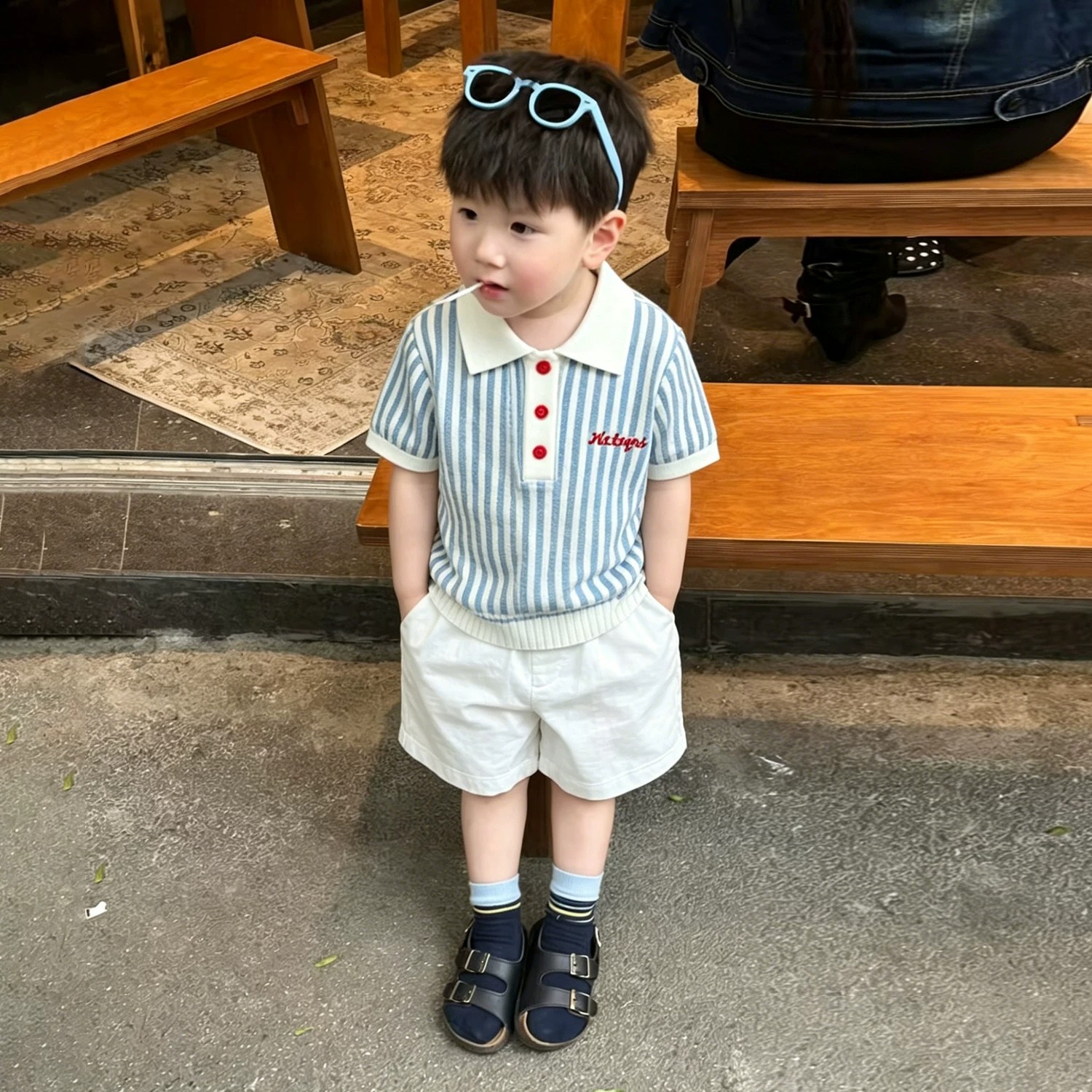 男童夏季学院风蓝色短袖针织衫