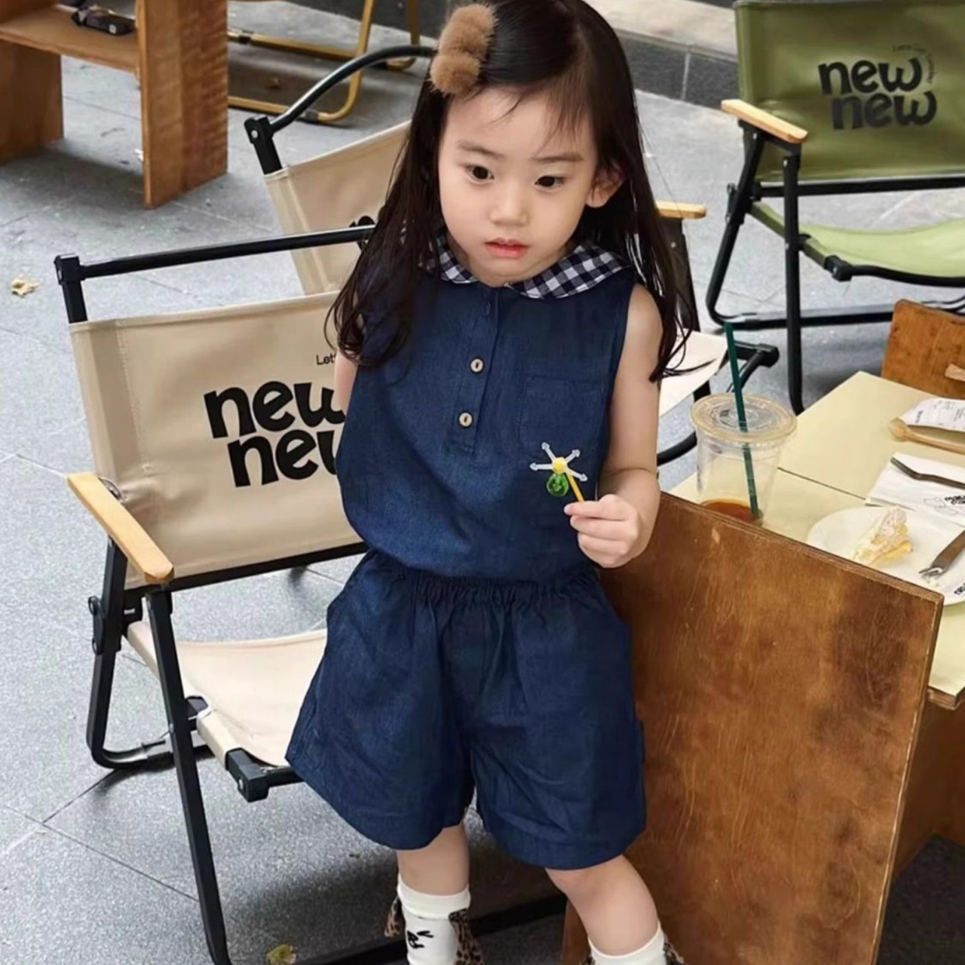 韩国童装2025夏季新款男女童学院风海军领背心兔尾巴休闲短裤套装