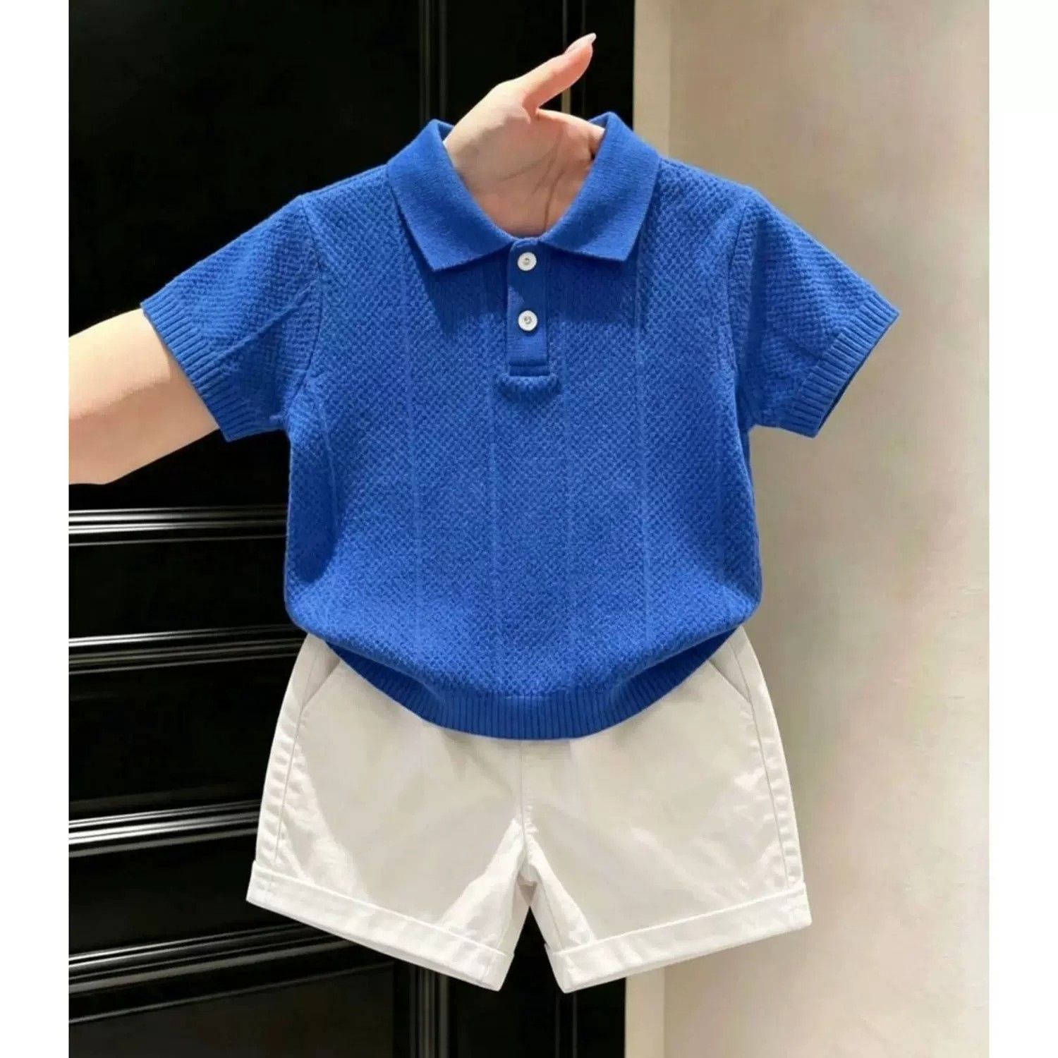 儿童夏季蓝色缕空薄款针织短袖