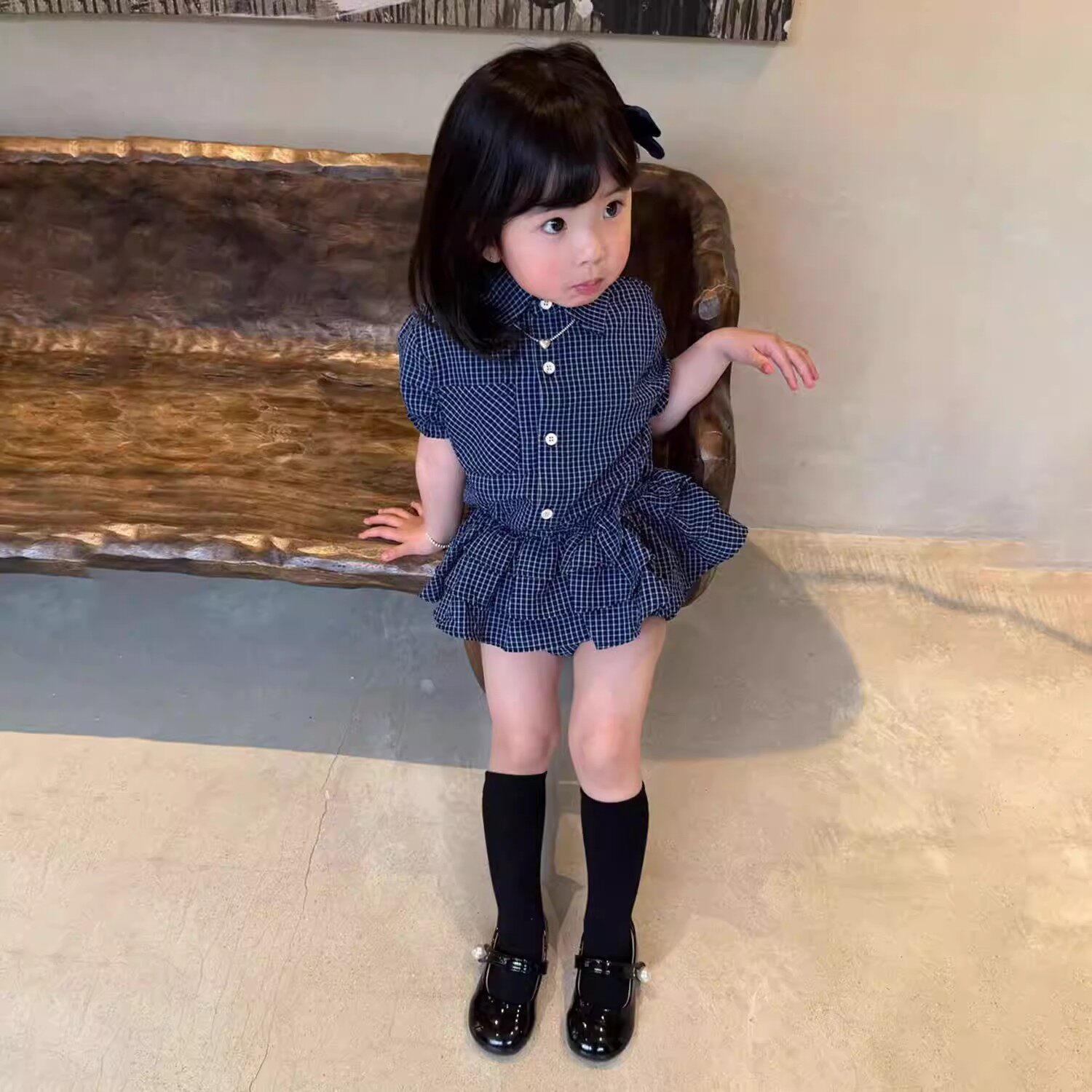 女童夏季设计感蓝色格子衬衫短裙