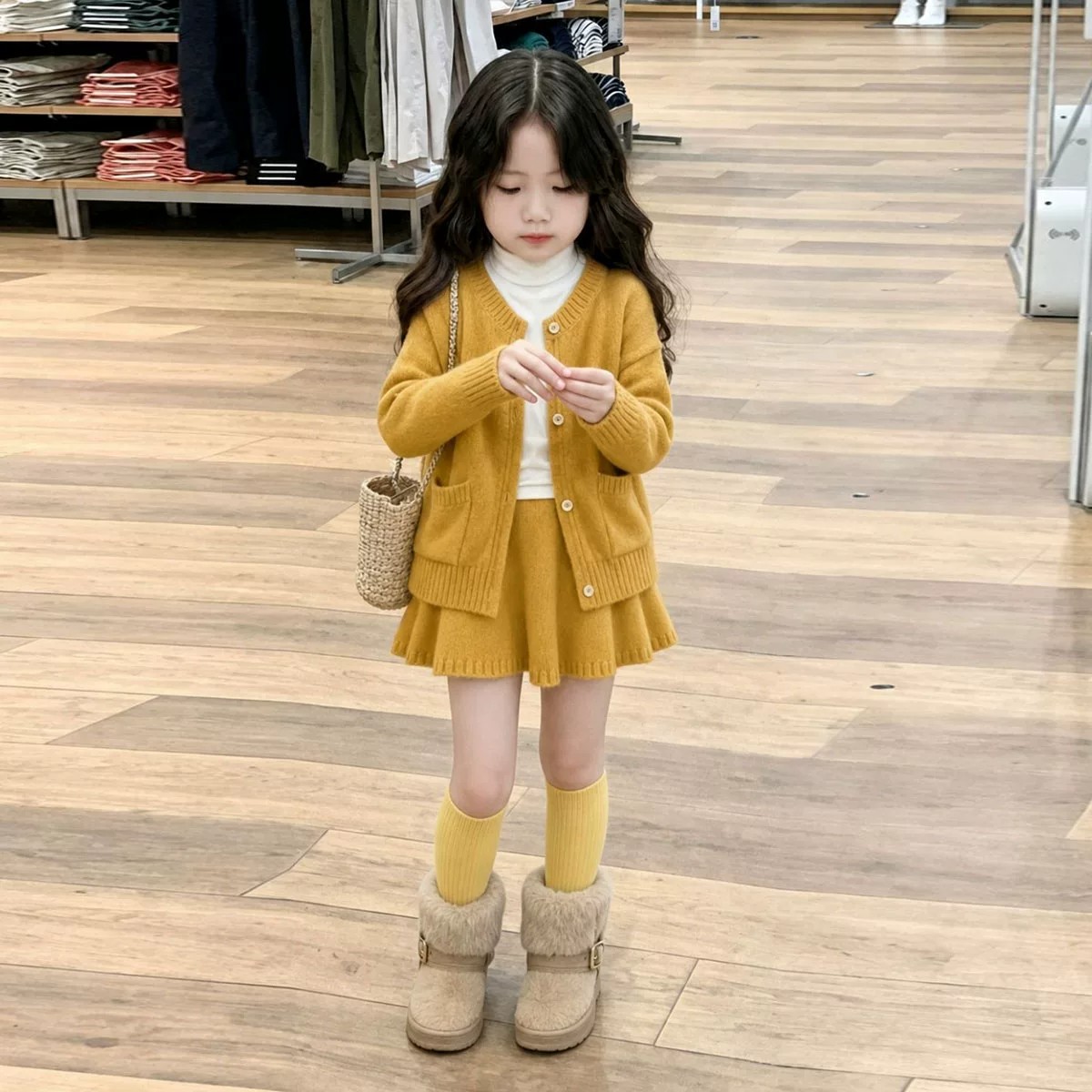 女童秋季甜美黄色针织毛衣开衫
