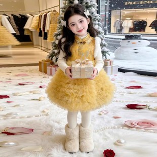 新中式女童2025冬季款黄色锦缎网纱蛋糕旗袍裙女孩周岁礼服公主裙