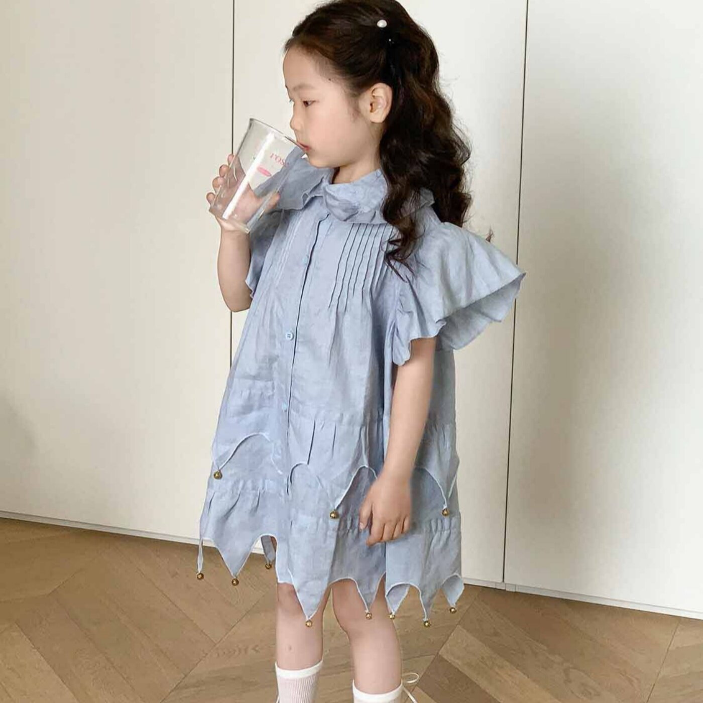 韩版女童蓝色小飞袖衬衫连衣裙