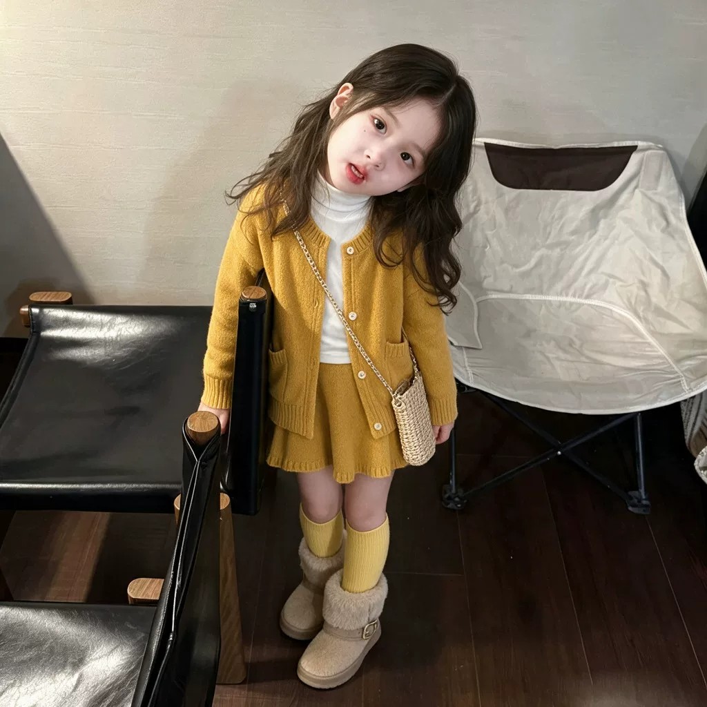 女童秋季复古黄色针织毛衣开衫