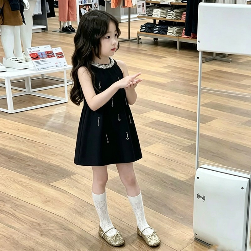 女童挂脖连衣裙夏季赫本风小黑裙