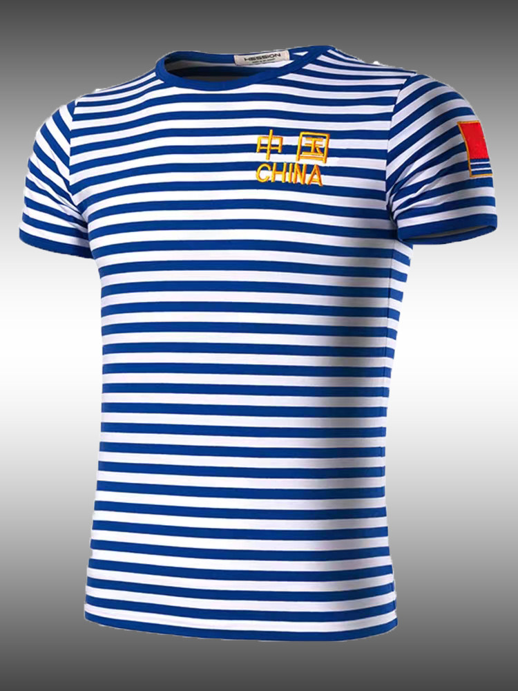 夏季海魂衫纯棉体恤男纯棉训练服 刺绣中国t恤男蓝白条纹短袖T恤