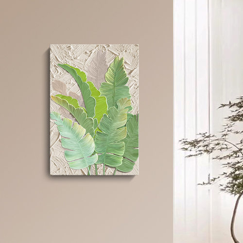 奶油风芭蕉叶客厅背景墙油画