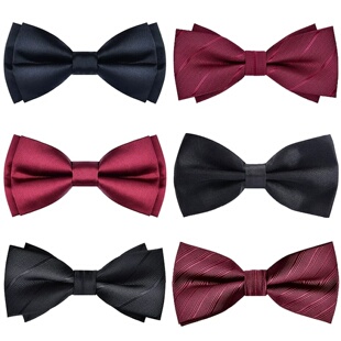 领结婚礼男正装蝴蝶结新郎结婚伴郎男女士酒红色纯色双层时尚黑色