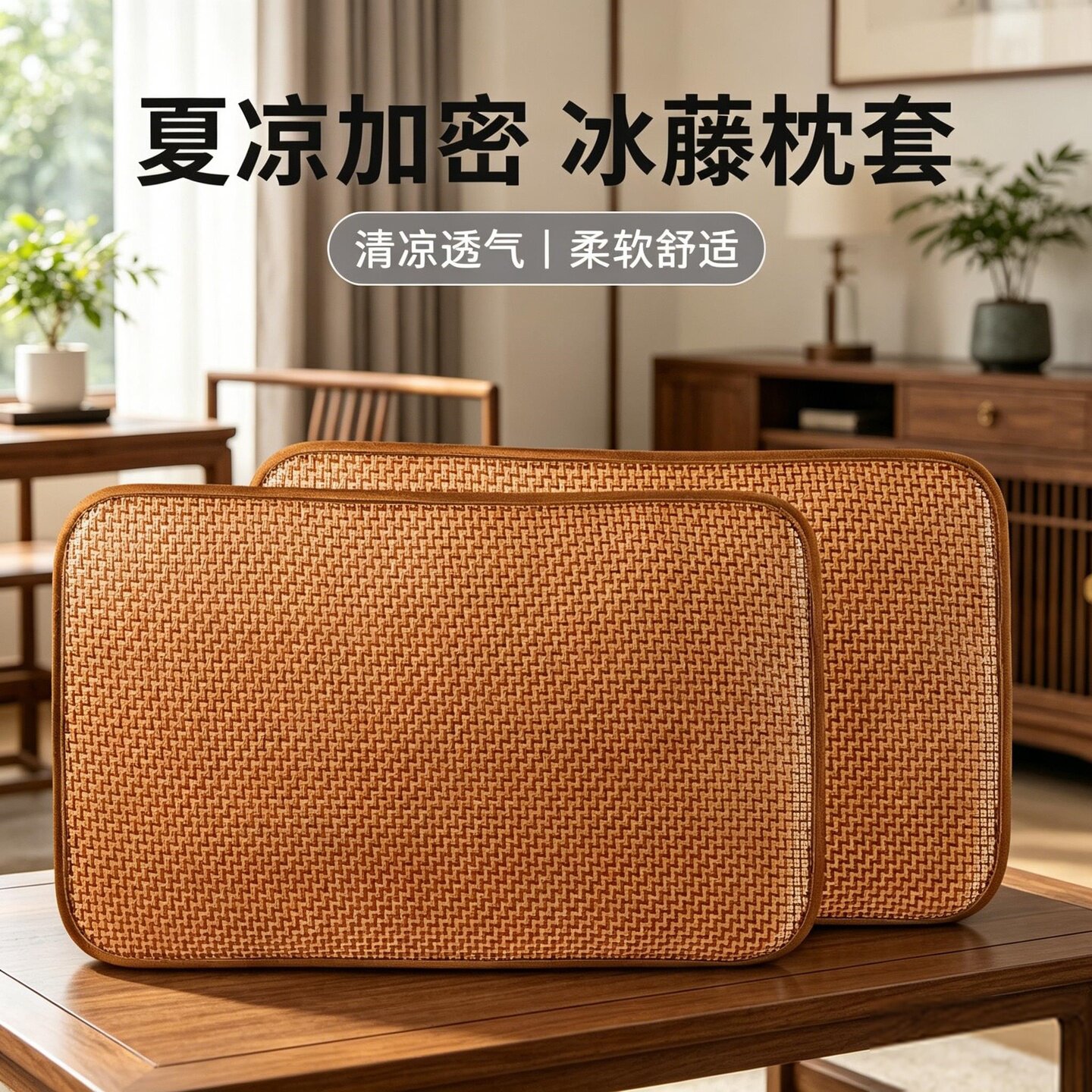 枕头凉席藤席枕套枕片单人一对可折叠古藤枕套非竹枕片透气成人夏