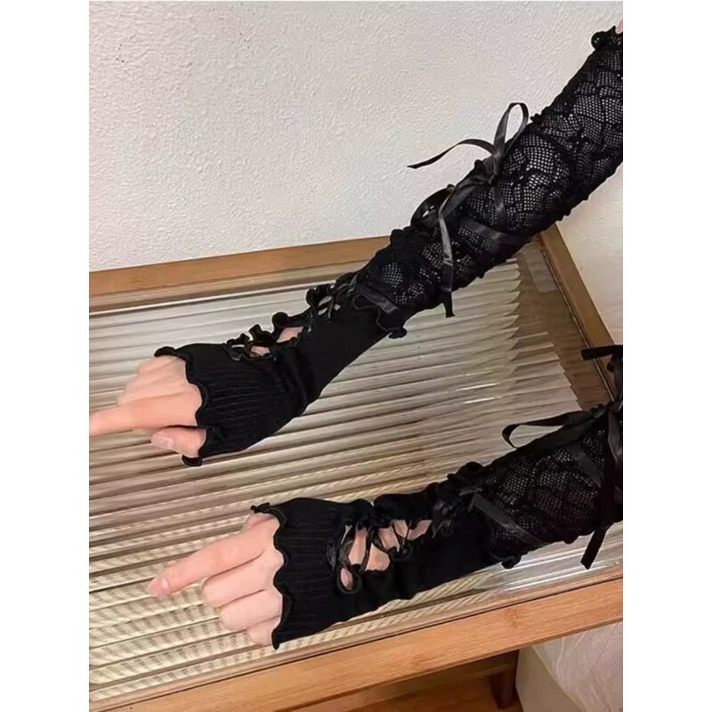 芭蕾风y2k洛丽塔手套白色蕾丝袖套女薄夏洋气防晒辣妹绑带长露指