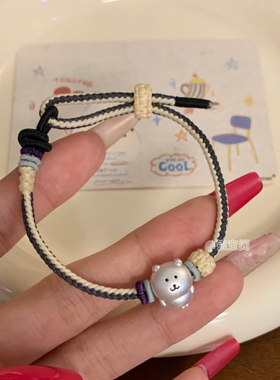 足银999自嘲熊纯银子超兄通孔熊头全身版转运珠手绳diy配件可爱