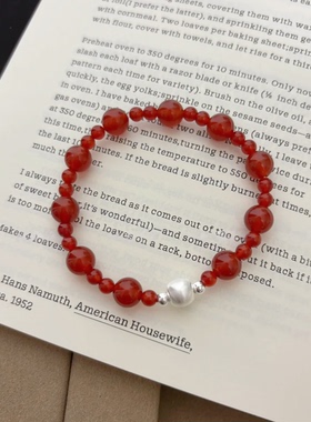 足银999 红玛瑙猫眼珠转运珠手链女本命年手串简约新年手绳送女友