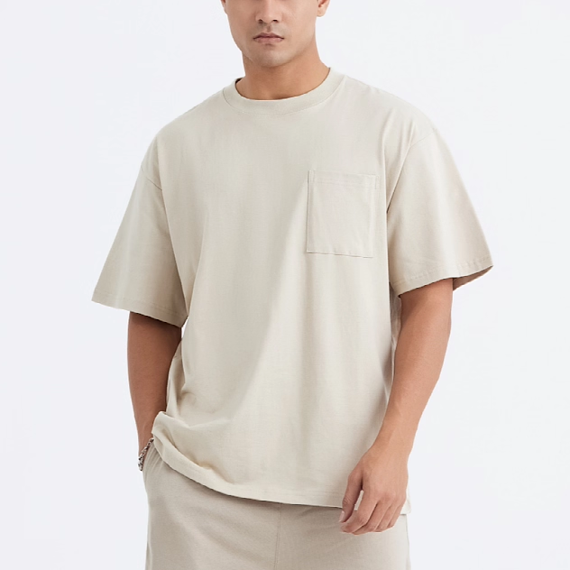 XNCY2025新款纯棉单口袋落肩五分袖短袖t恤 男圆领宽松白色打底衫