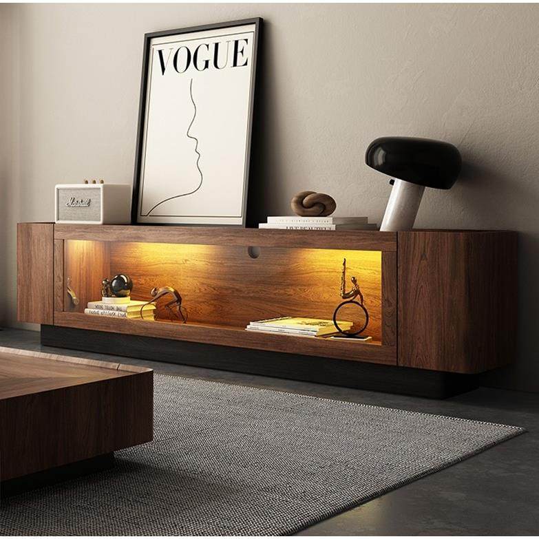 北欧实木电视柜落地北美黑胡桃小户型中古客厅感应灯矮柜茶几组合