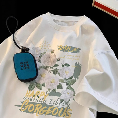 山茶花印花短袖t恤男潮牌潮流美式圆领衣服夏季宽松大码重磅体恤