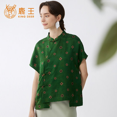King Deer/鹿王香云纱印花小衫女夏季新款国风中式桑蚕丝上衣短袖
