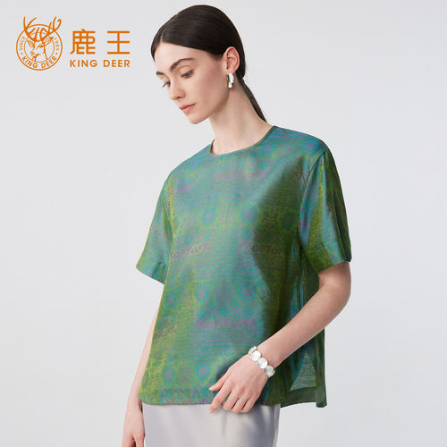 King Deer/鹿王流光段印花短袖上衣女夏季新中式宽松圆领小衫