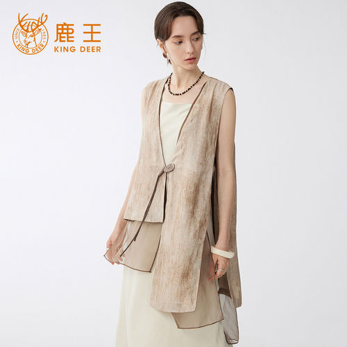 King Deer/鹿王国风丝麻提花拼接马甲女夏季新款系带叠穿真丝背心