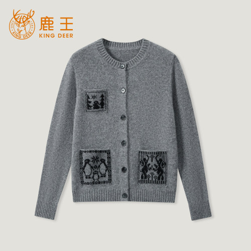鹿王100%山羊绒提花开衫