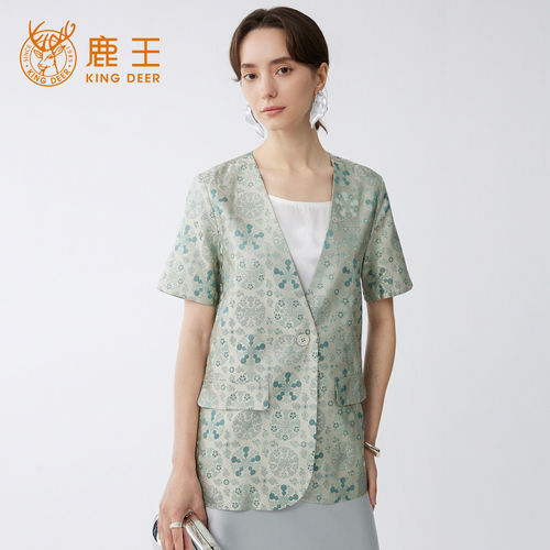 King Deer/鹿王桑蚕丝宋锦短袖外套女夏季V领设计感气质印花小衫