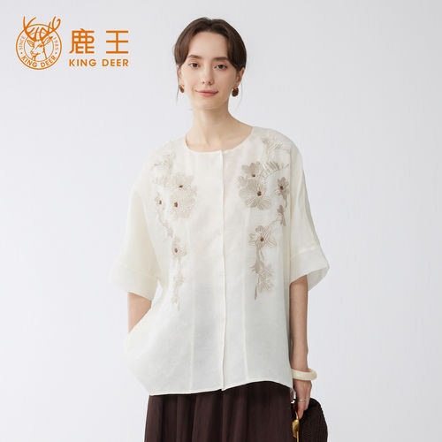 King Deer/鹿王夏季新款欧根纱刺绣小衫女宽松气质桑蚕丝短袖上衣