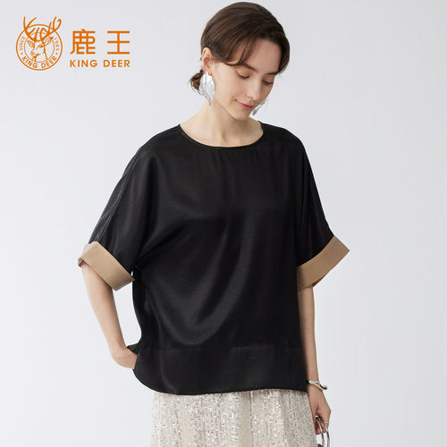 King Deer/鹿王夏季款弹力缎小衫女简约宽松显瘦真丝短袖上衣