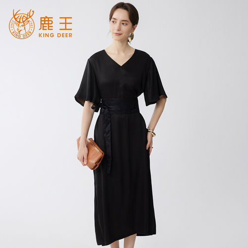 King Deer/鹿王香云纱连衣裙V领女夏季新款简约高级感桑蚕丝长裙