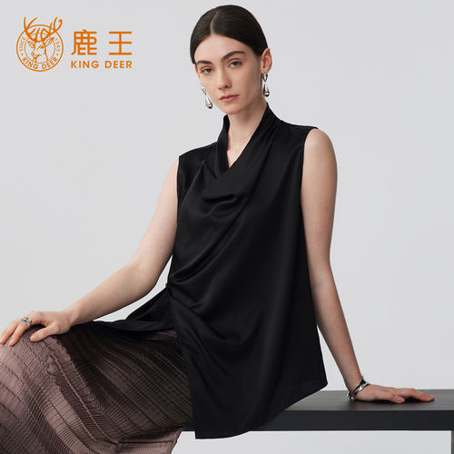 King Deer/鹿王100%桑蚕丝轻熟优雅风无袖上衣女黑色气质真丝背心