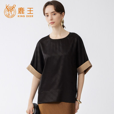 King Deer/鹿王弹力缎香云纱小衫女夏季新款时尚印花宽松短袖上衣