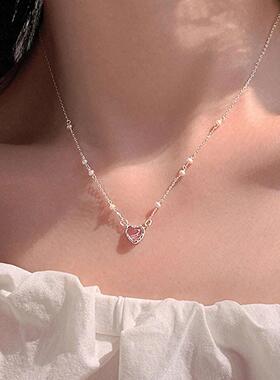 Pink love necklace girl粉色少女爱心珍珠项炼 炼 女甜美锁骨颈