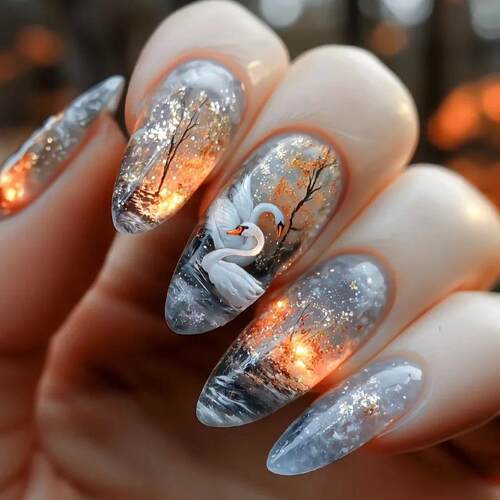 24pcs/set Medium long fake nails Swan fish flowers for summe