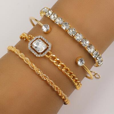 Open bracelets set 4 pieces麻花手链朋克镶钻开口手镯套装4条装