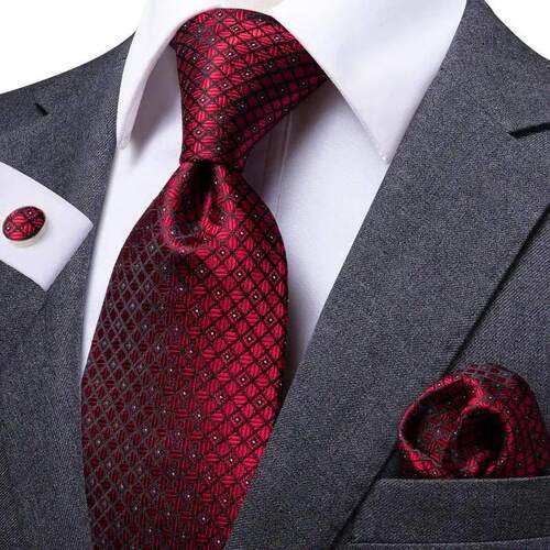 Hi-Tie Designer Red Burgundy Plaid Silk Wedding Tie For Men