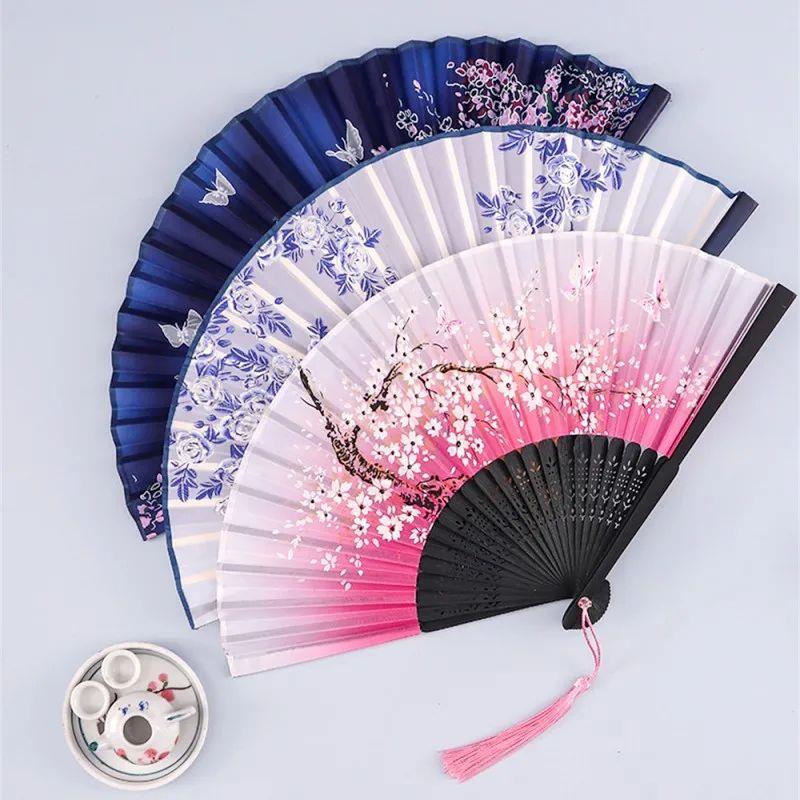 Vintage Silk Folding Hand Fan Chinese Japanese Bamboo Fans