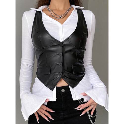 PU Leather Vest Vintage Women Sleeveless V Neck Button Tank