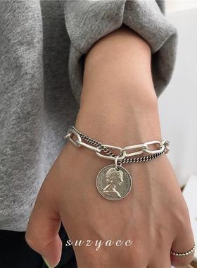 bracelet women 53017 双层OT扣人像圆形吊坠手錬覆古炼条手錬