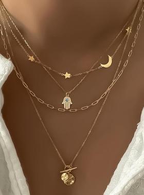 4-piece necklace set跨境饰品 恶魔之眼手掌星月项链4件套女项饰