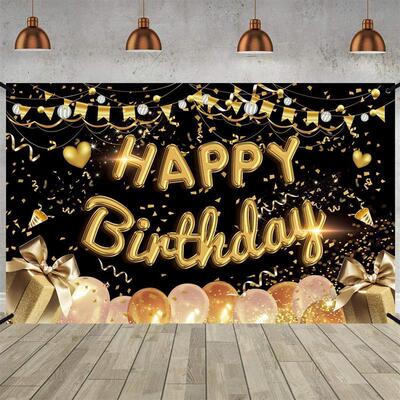 Happy Birthday Backdrop Banner Large Black Gold Balloon Star