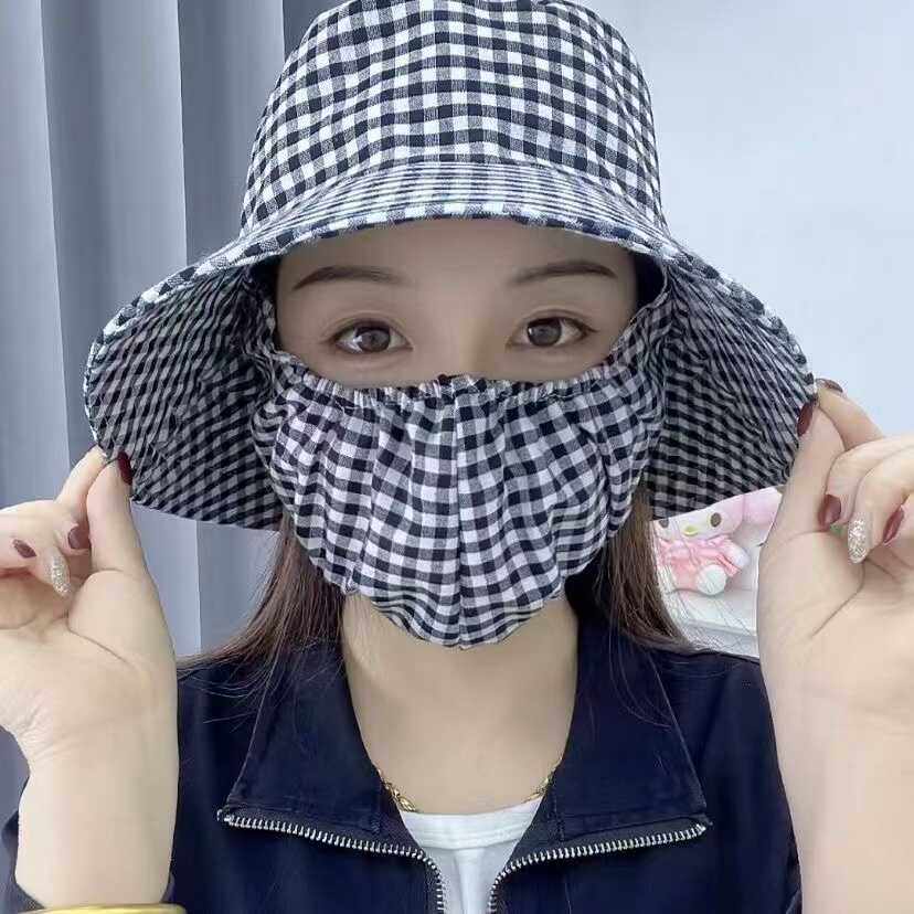 遮阳帽子新款防晒口罩一体大檐采茶帽帽遮脸夏季防紫外线格子帽