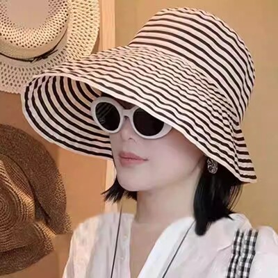 夏季条纹渔夫帽子女新款长短大帽檐遮阳防晒帽织带时尚盆帽大头围