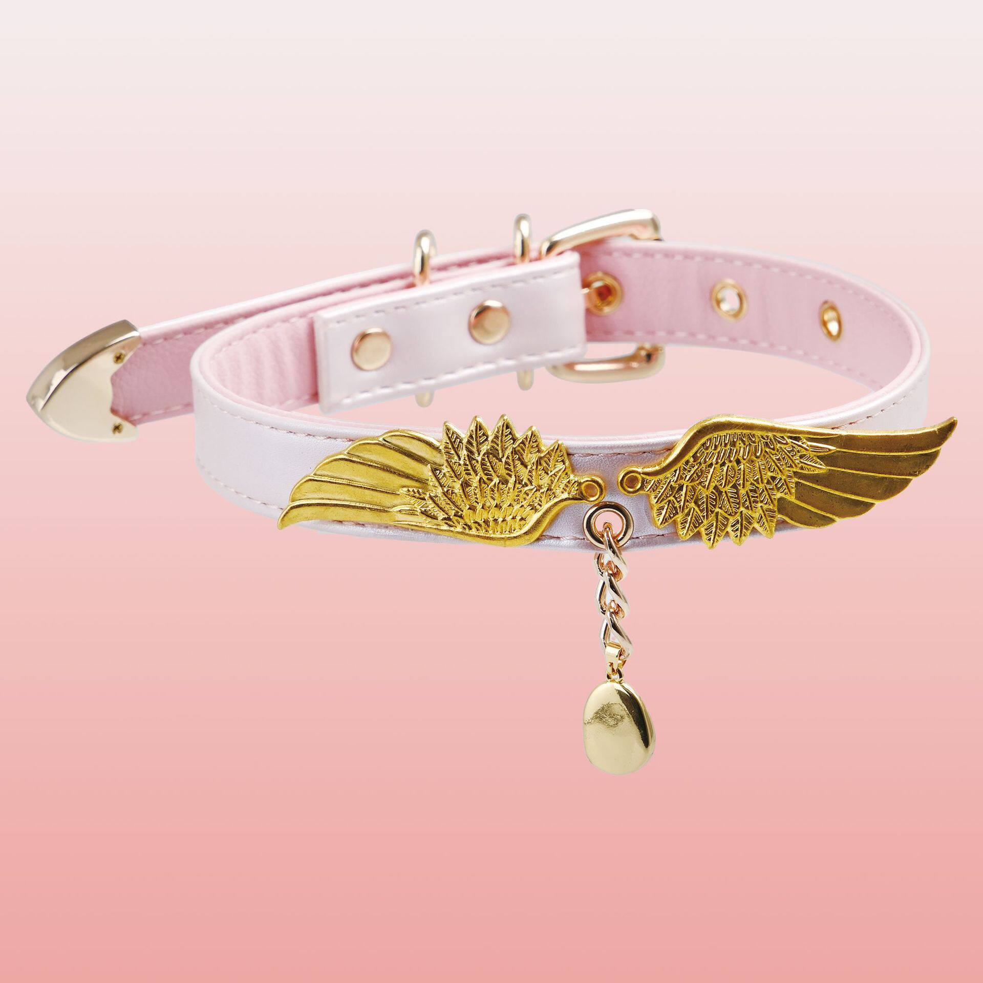 天使之翼choker 粉白皮质项圈 魔法少女风金翅膀吊饰颈圈小甜酷风