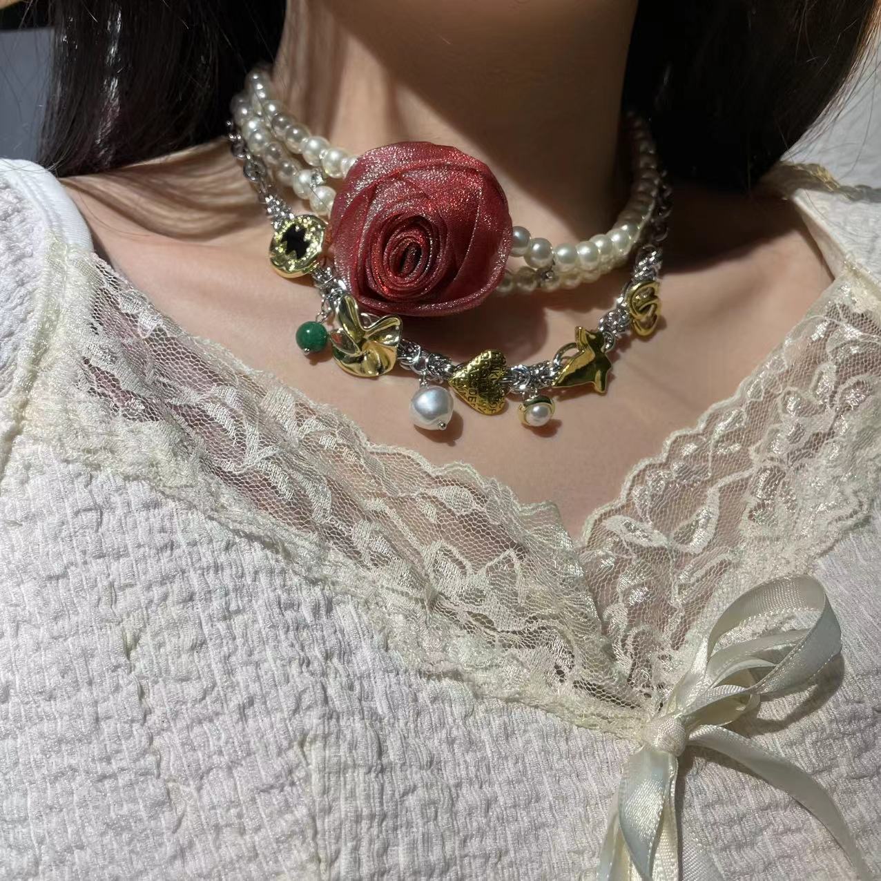 超仙森系花朵珍珠宽边锁骨链女