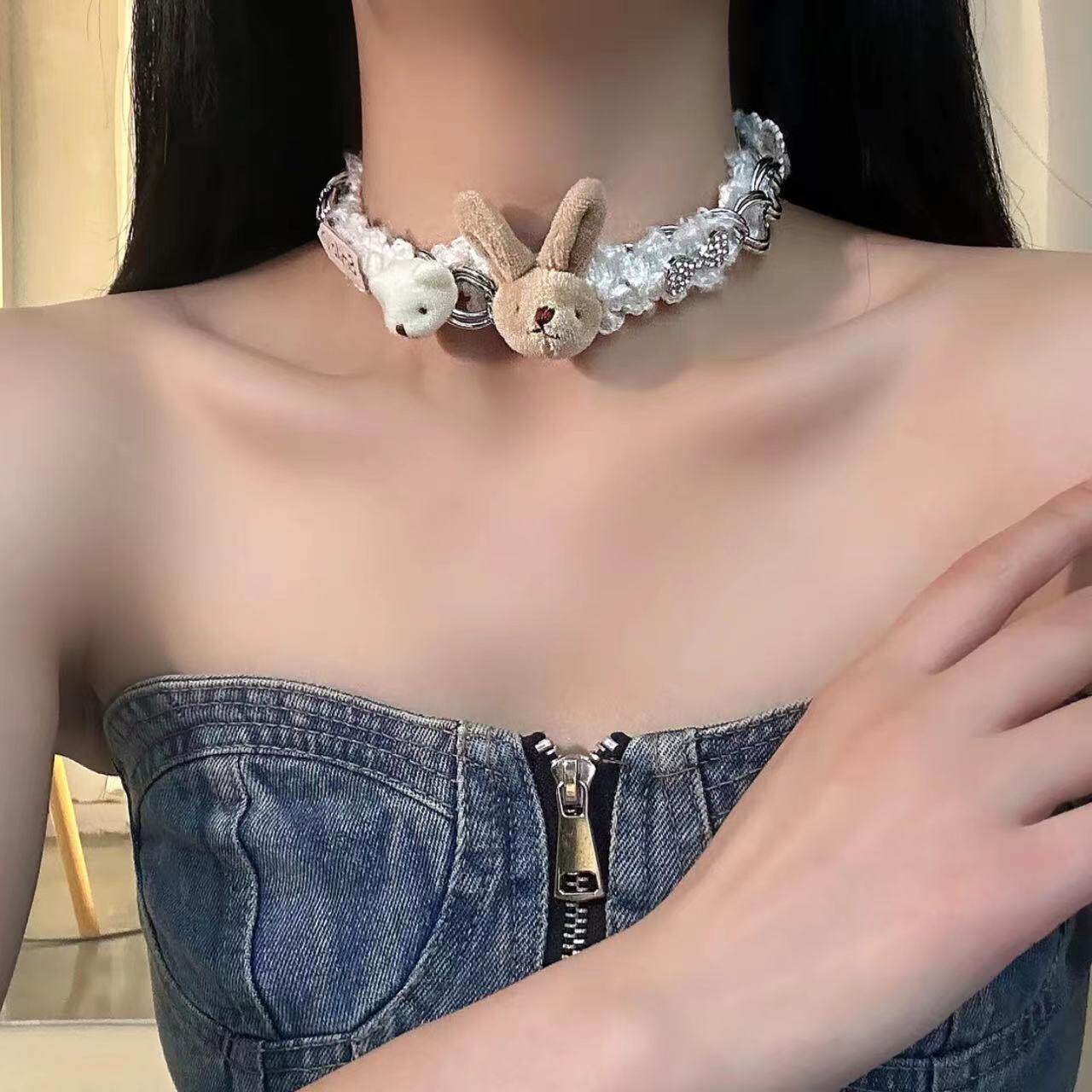 甜美布艺兔子小熊锁骨链百搭