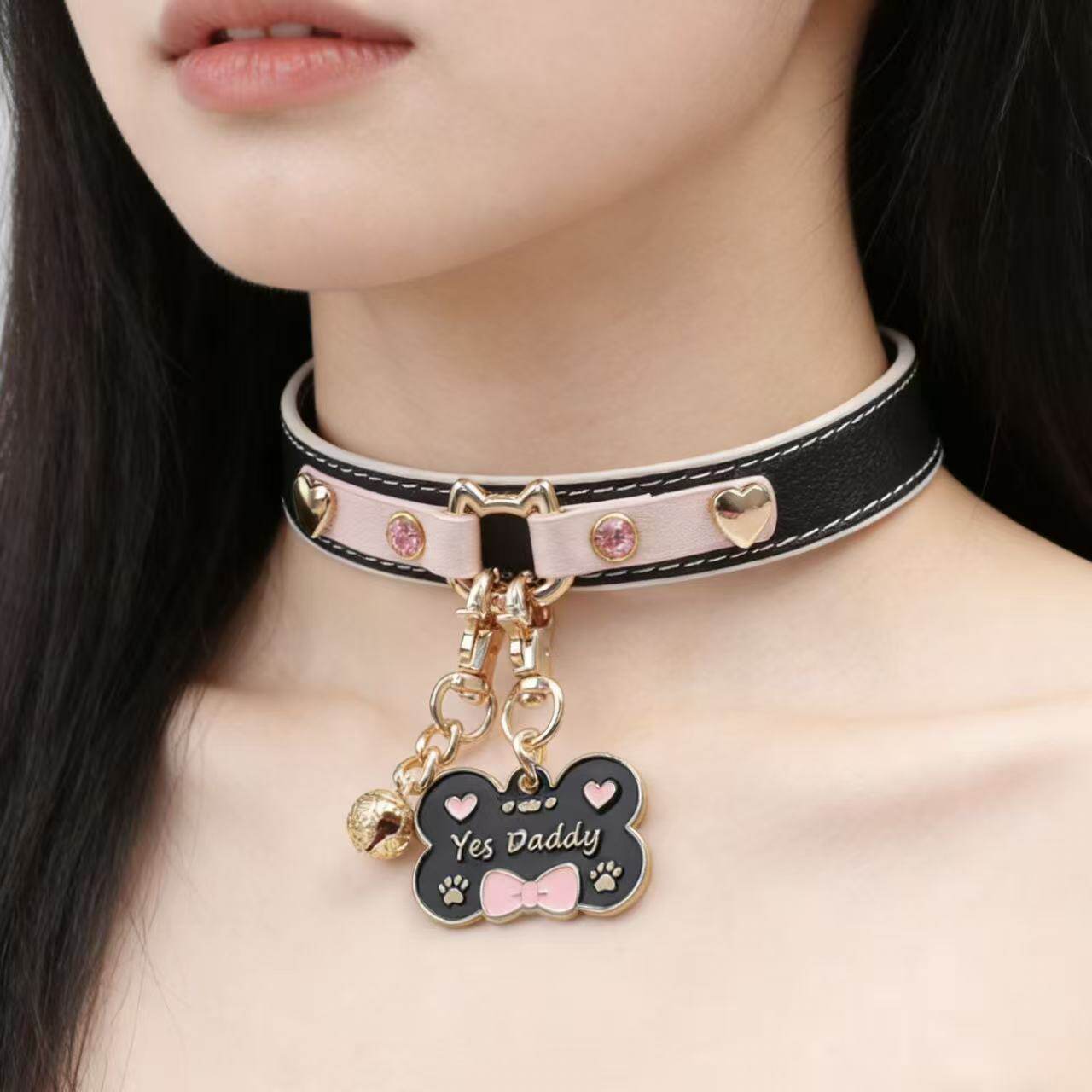 温变色猫耳项圈女 黑粉拼带钻choker Yes Daddy个性铃铛颈饰项圈