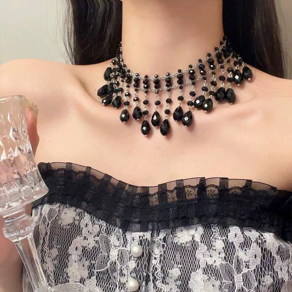 黑色水滴流苏朋克串珠锁骨链女