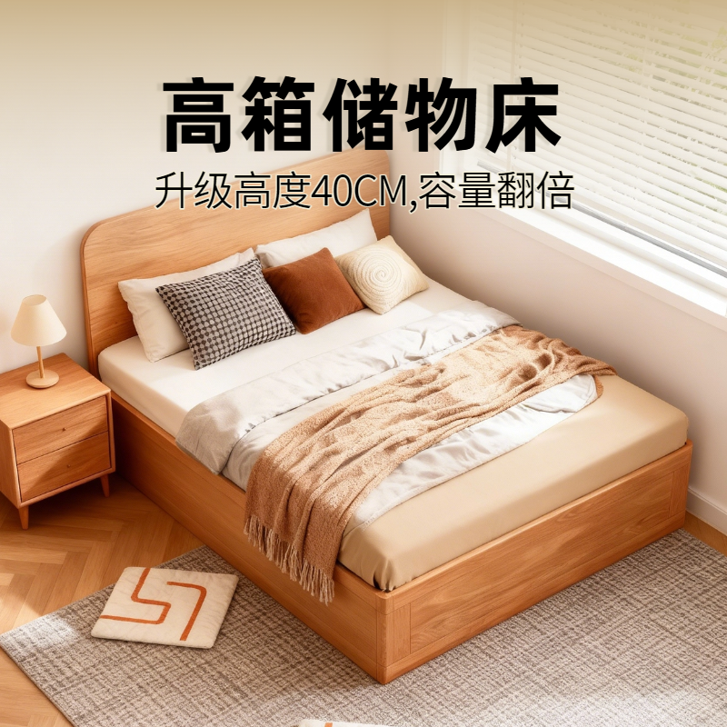 诺沐高箱储物床全实木气压1米2小户型加高40cm薄床头榻榻米高端床